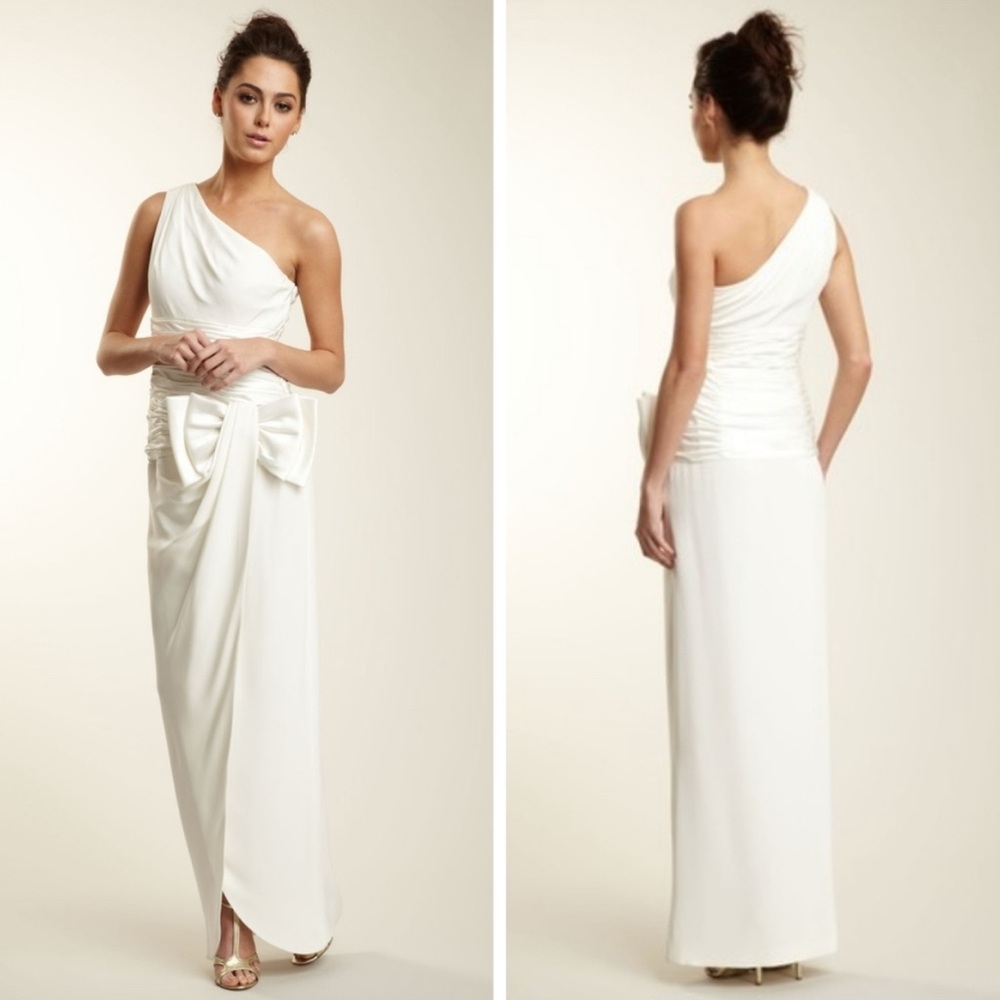 Vicky Tiel One Shoulder Draped Bow Dress